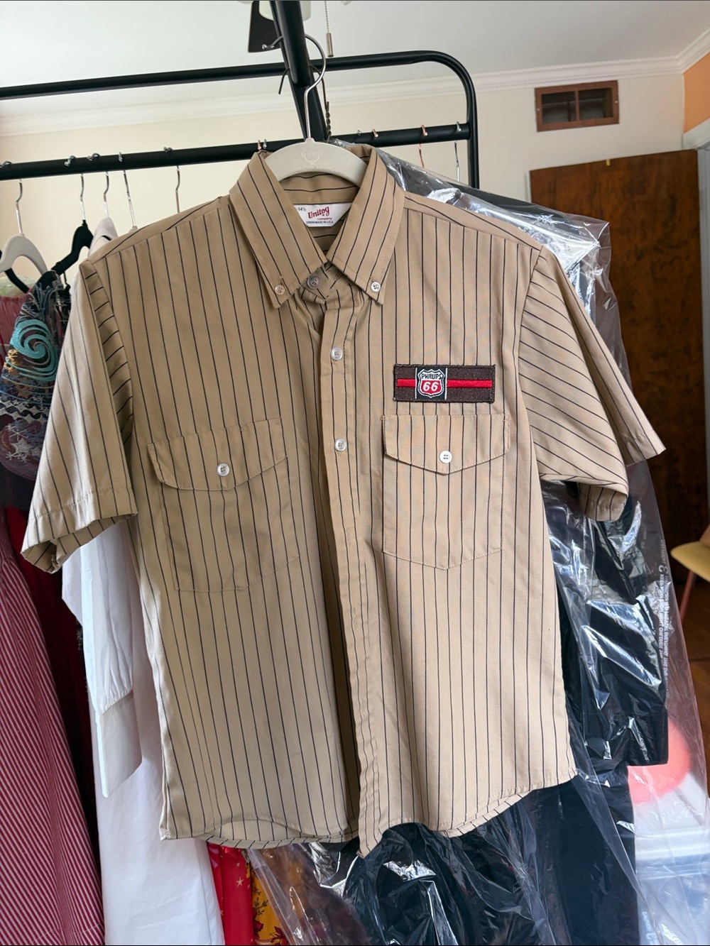 Vintage Philips 66 Tan Pinstripe Button-Down Work Shirt Sz M